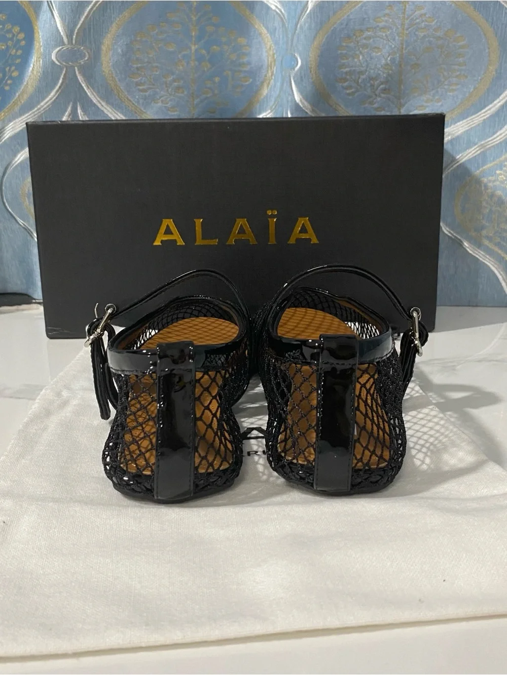 Alaia Black Mesh Mary Jane Flats with Patent Strap